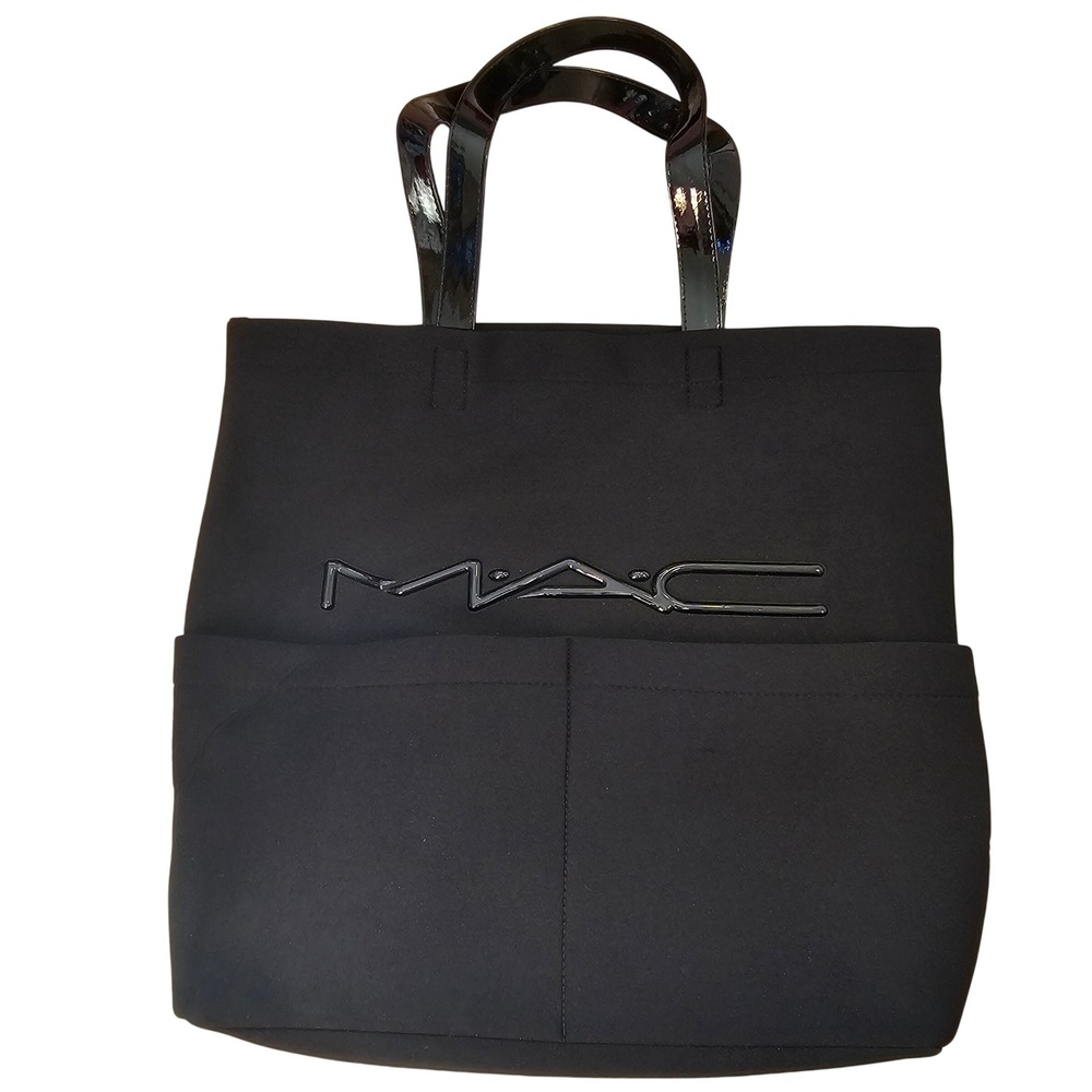 MAC Cosmetics Black Canvas Tote Bag Patent Handles Raised Logo Makeup Artist Bag